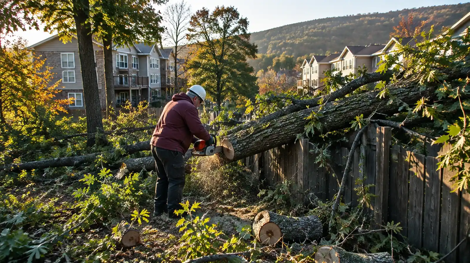 Crew clearing a storm-fallen tree in Kiryas Joel, NY