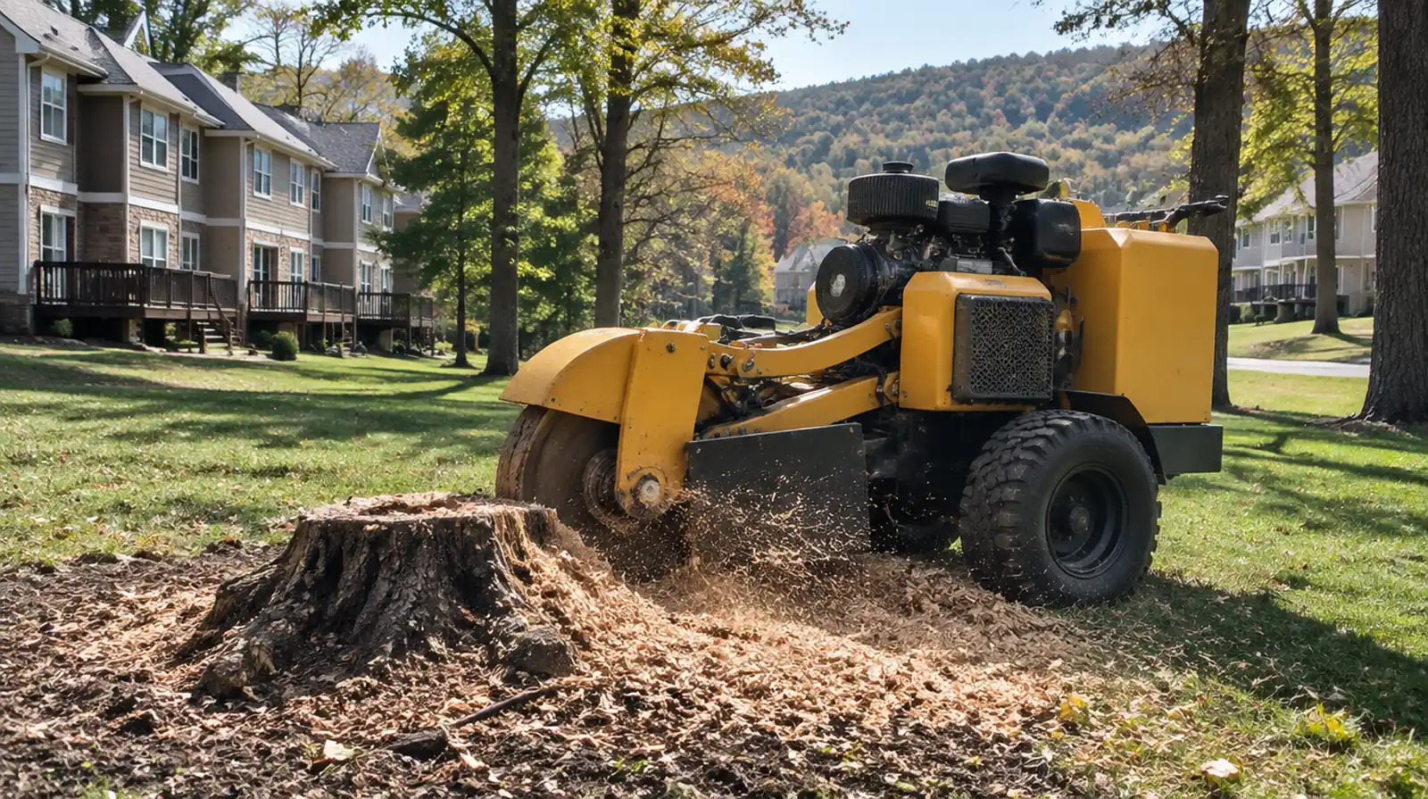 Stump grinder removing a tree stump in Kiryas Joel, NY