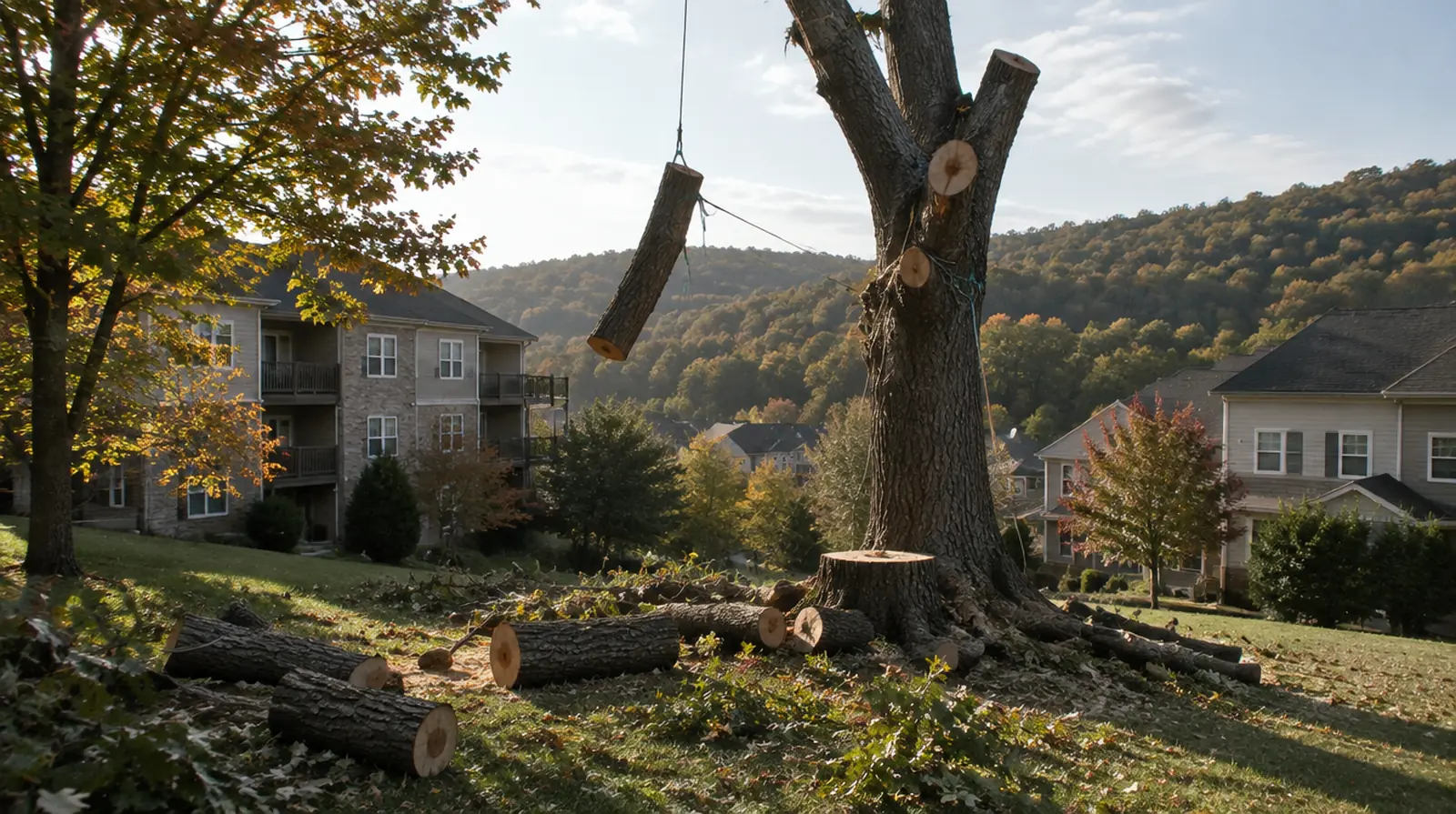 Tree being removed in sections in Kiryas Joel, NY