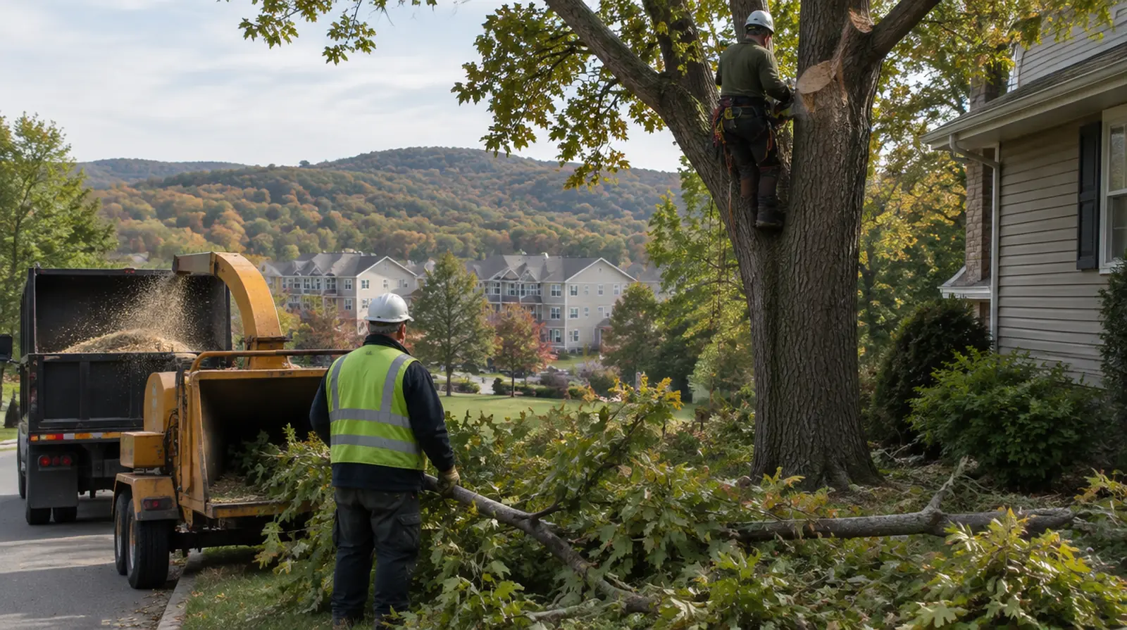 Tree service crew trimming a tree beside a home in Kiryas Joel, NY