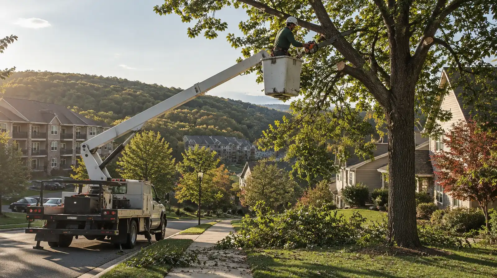 Arborist trimming tree branches from a bucket lift in Kiryas Joel, NY